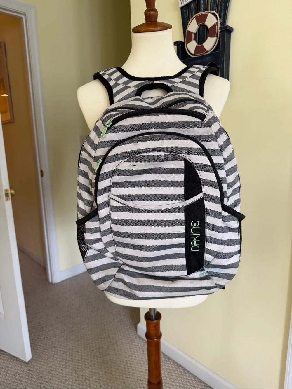 Dakine Gray and White Striped Backpack with Black Accents